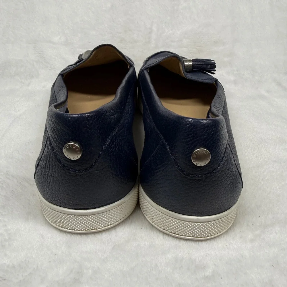 Michael‎ Kors Navy Pebbled Leather Tassel Loafer Sneakers Silver Hardware Blue 7